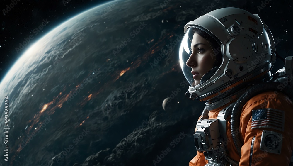 Poster daring astronaut navigating a dark sci-fi universe.