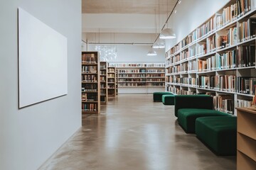 A white wall with an empty space for text on the left side of the image, and a modern library with green seating areas on the right Generative AI