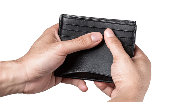 Empty black wallet in male hand, on transparent background. PNG
