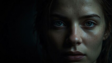 Dark, mysterious portrait of a woman with one eye visible.