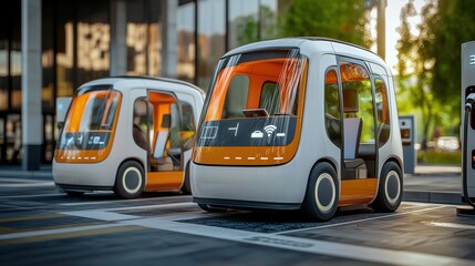 Fototapeta premium Futuristic self-driving electric pod cars in a modern city setting, showcasing advanced autonomous vehicle technology and urban mobility solutions.