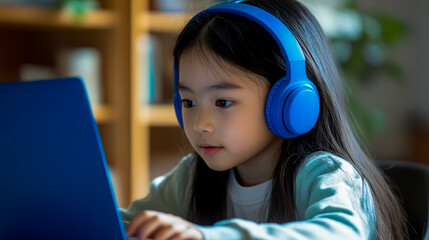 A girl wearing a blue headset is using a laptop for an online school class.