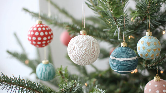 Handmade ornaments adorn beautifully decorated Christmas tree, showcasing variety of colors and intricate designs. These unique decorations add festive touch to holiday season