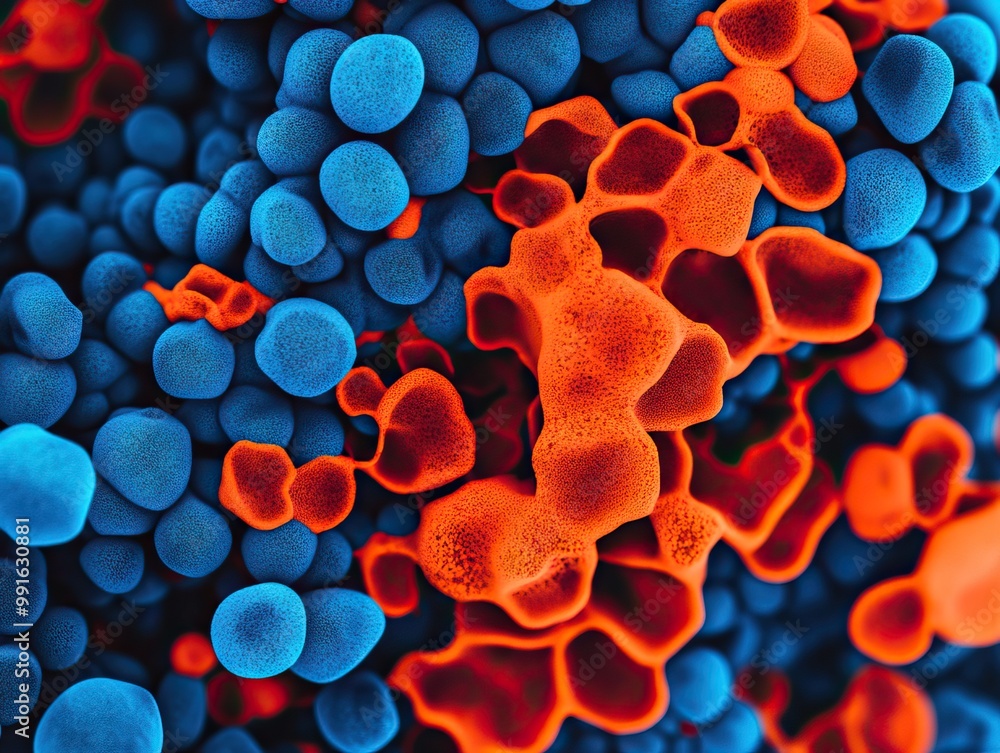 Poster an abstract close-up view of blue and orange cells, showcasing intricate patterns and textures in a 