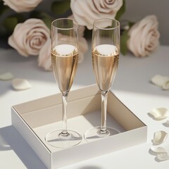 Two elegant champagne flutes with sparkling rose champagne sit in a white box. Soft pink roses surround the setting. Perfect for celebrations, weddings, or romantic occasions. AI