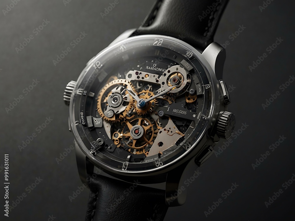 Poster deconstructed futuristic timepiece with high-precision components.