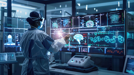 Fototapeta premium A surgeon in action, operating in a room filled with floating screens that project real-time data, ensuring every decision is informed and precise