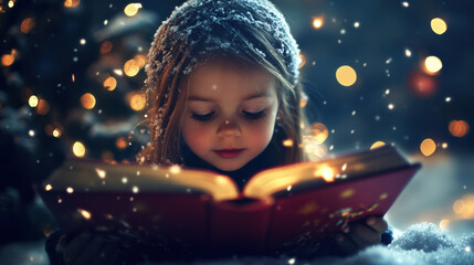 child reading book surrounded by snow and festive lights creates magical winter atmosphere. scene captures joy of storytelling during holiday season
