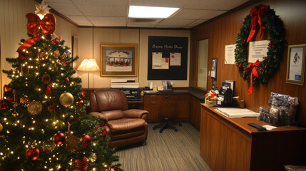 cozy office decorated for holidays features Christmas tree adorned with ornaments and lights, comfortable leather chair, and festive wreaths. warm atmosphere invites cheerful spirit