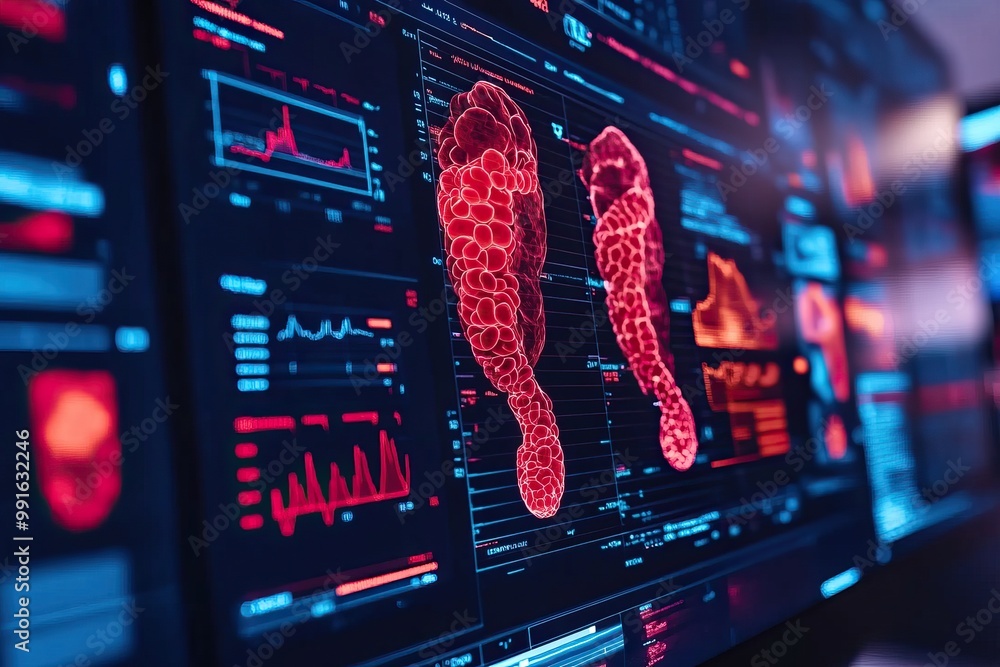 Poster futuristic digital interface displaying biological data with glowing cell patterns, showcasing advan