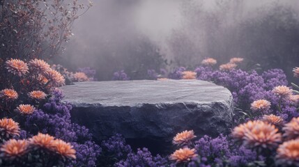 Fototapeta premium A serene stone altar sits in a misty garden, beautifully encircled by vibrant orange and purple flowers. The peaceful atmosphere invites reflection and connection with nature.