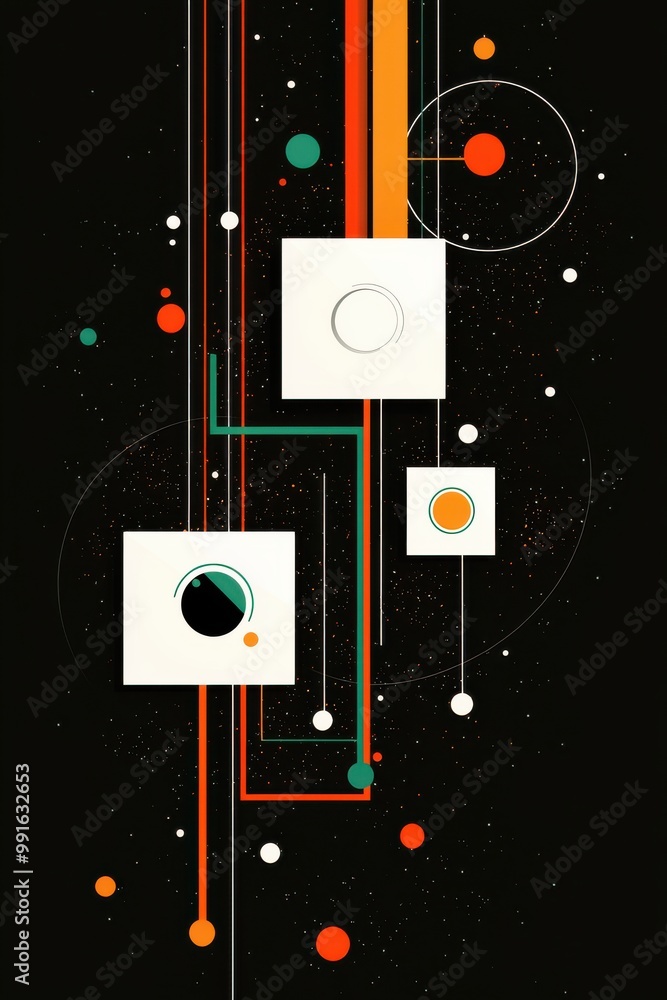 Poster abstract infographic with geometric shapes and vibrant colors on a dark background, depicting modern