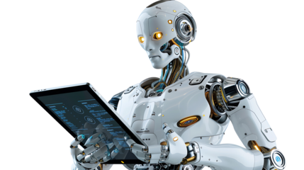 Ai robot using tablet isolate on withe background