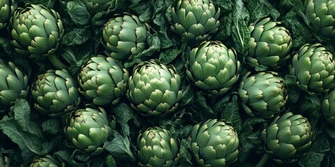 Fototapeta premium Fresh green artichokes arranged in a beautiful pattern. Vibrant colors showcase the natural beauty of these vegetables. Perfect for culinary use or healthy eating promotion. AI