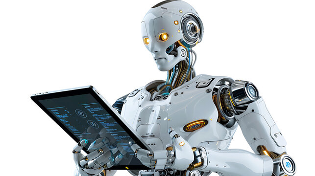 Ai robot using tablet isolate on withe background