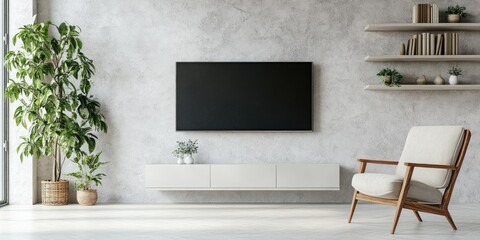 Minimalistic TV Cabinet in Bright Living Room Interior with Armchair
