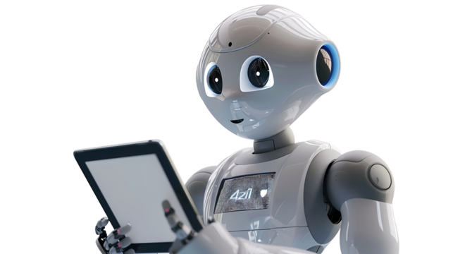Ai robot using tablet isolate on withe background