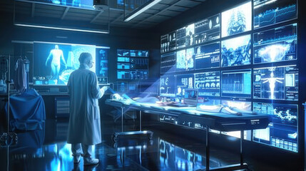 A surgeon in an operating room where the walls are made of holographic screens, projecting vital signs and procedure steps for optimal precision