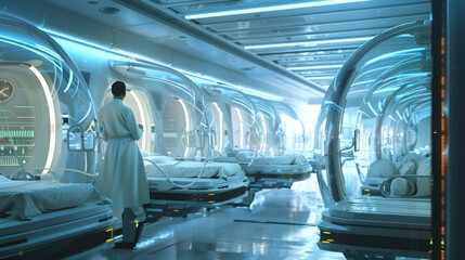Fototapeta premium A surgeon in a futuristic hospital where patients are treated in floating pods, each pod connected to a network that monitors and adjusts care in real-time
