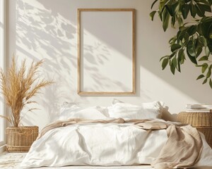 Rustic Farmhouse Bedroom Interior with Country Style Poster Frame