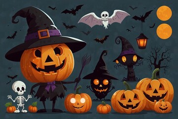 Halloween set witch, pumpkins, ghosts, monster, skeleton. Characters and elements for halloween in cartoon style.whait background