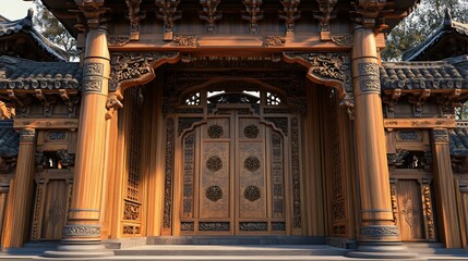 Ornate wooden door with intricate carvings on the exterior of a traditional Chinese building.