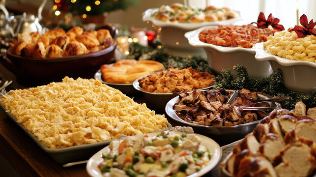festive Christmas potluck dinner featuring variety of delicious dishes including pasta, salads, and baked goods, perfect for celebrating holiday season with family and friends