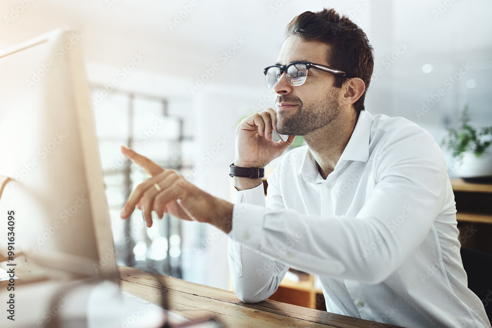 Poster Businessman, smile and pointing on computer on phone call for communication and networking. Male person, employee and happy with reading on website for discussion or conversation on research results