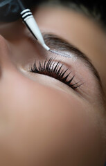 Beauty Close-up of a young woman having lashes lift lash lifting eyelashes brush enhanced with...