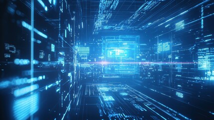 Blue holographic beams of light flowing through a tech-inspired design filled with digital symbols and futuristic elements.