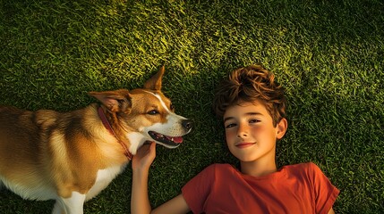 Boy and Dog Relaxing on Green Grass.