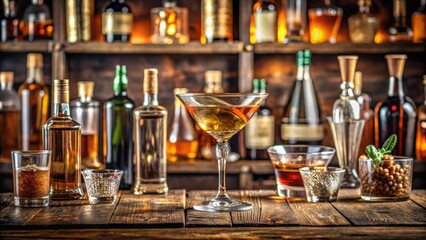 Vintage cocktail glass placed between various bottles in a rustic bar setting