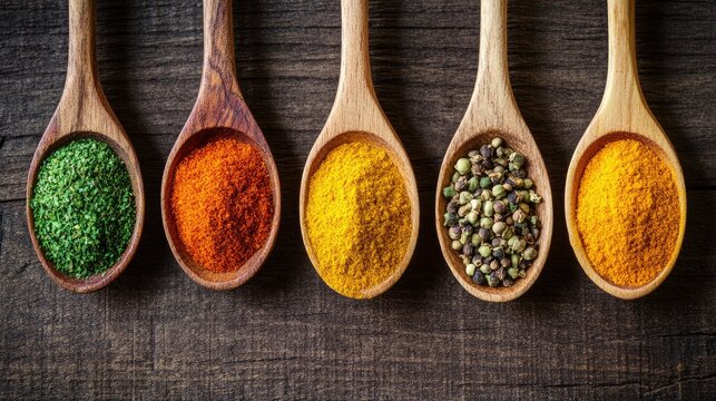 Flat lay of wooden spoons filled with colorful spices like turmeric, chili powder, and cumin on a textured wooden surface.