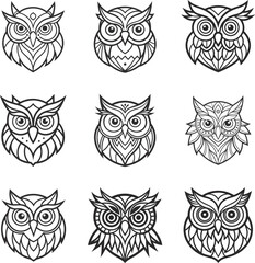 Owl head Mandalas outline silhouette vector art illustration - Set Of Owl Icon Transparent Background