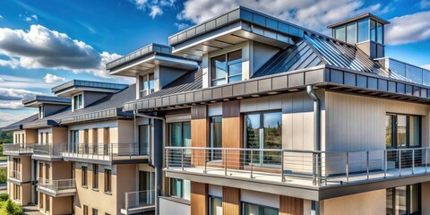 Obraz premium Modern flat roof multi-family residential complex with stainless steel attic profile sheet as wall protection for glazed balconies, stainless steel box gutters, water catchment box