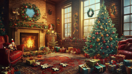 Fototapeta premium cozy Christmas living room features beautifully decorated tree, warm fireplace, and festive ornaments. scene evokes joyful holiday spirit with gifts and decorations