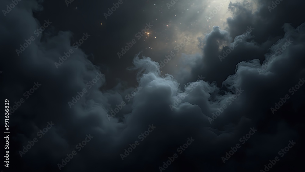 Poster a black background enveloped in dark, swirling mist with subtle light accents. the moody atmosphere 