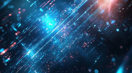 Fototapeta premium Blue holographic light beams cutting through a digital landscape filled with tech-inspired elements and abstract patterns.