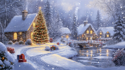 Fototapeta premium picturesque winter scene featuring charming village adorned with Christmas decorations. Snow gently falls on cozy cottages, beautifully lit Christmas tree, and wrapped gifts, creating warm holiday