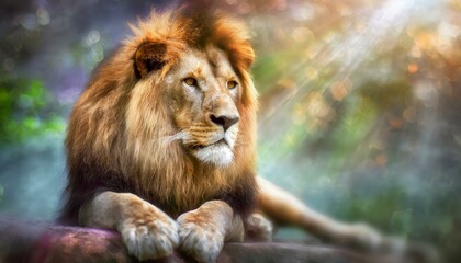 Fototapeta premium A majestic lion is bathed in the golden light of dusk, its powerful gaze surveying the wild savannah. Its flowing mane ripples in the breeze, embodying regal strength.