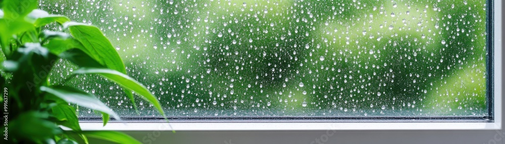 Poster raindrops on a clear window with green background