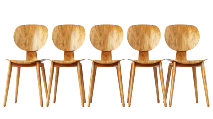 five wooden chairs are arranged in a row