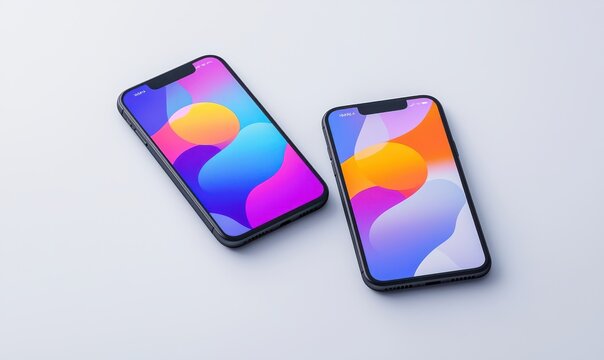 iPhone mockup with two smartphones showcasing vibrant abstract wallpapers on a minimalistic white background