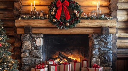 Gift boxes near a rustic fireplace in a cozy log cabin. The mantelpiece features candles and a Christmas wreath with bells and a bow, set against the warmth of wooden walls.