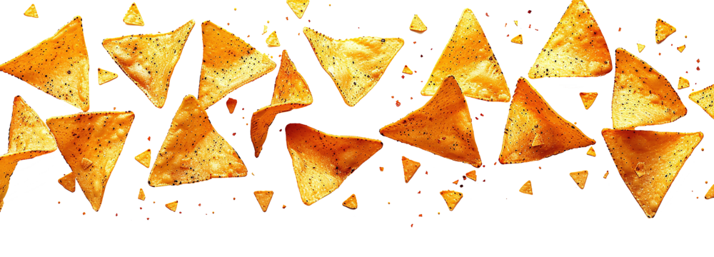 Delicious mexican nachos chips flying in the air. On transparent background. PNG