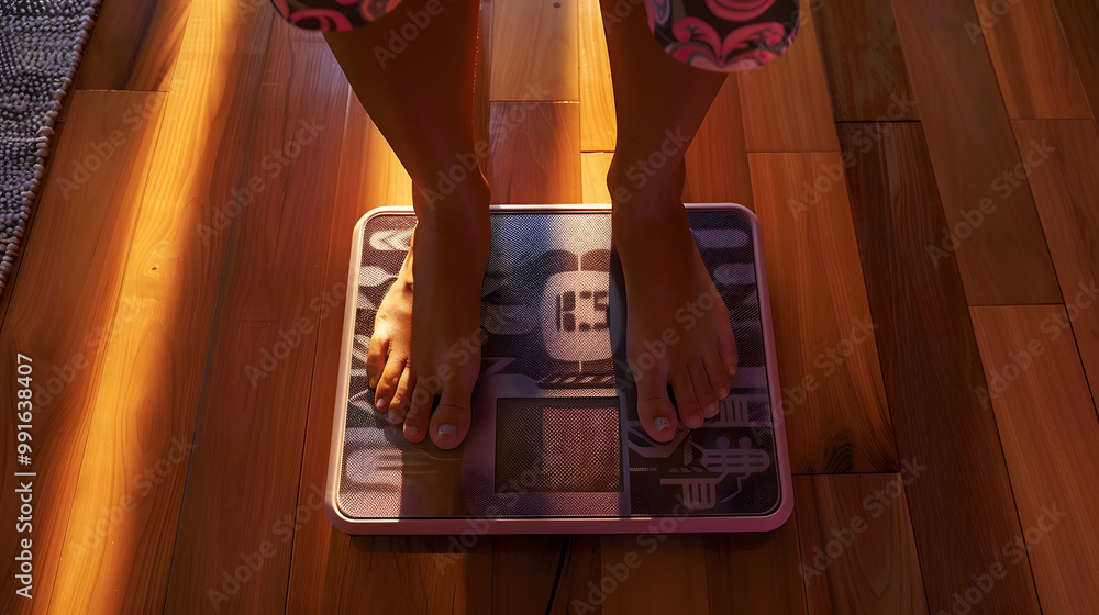 Poster the point of view of a person standing on a digital scale