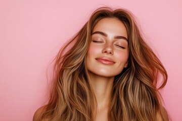 Fototapeta premium Beautiful woman with long wavy hair on a pink background. Ad for shampoo conditioner hair products .geneative ai