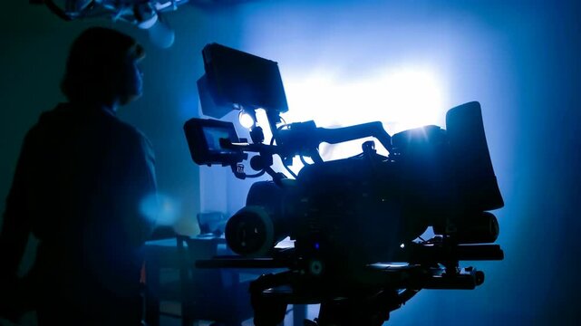 movie camera on the slider in the backlight from the window, the rays of the sun in a smoky room
