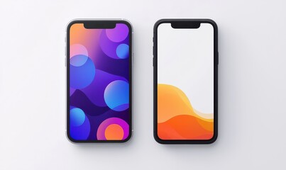 iPhone mockup featuring two smartphones with vibrant abstract wallpapers on a minimalist white background, showcasing digital art and modern technology design aesthetics.