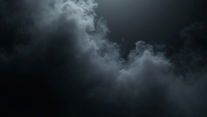 A black background enveloped in dark, swirling mist with subtle light accents. The moody atmosphere and ethereal fog create a mysterious, otherworldly visual effect.